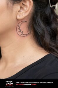 Fine-line crescent moon with vine tattoo behind the ear on tan skin, natural daylight.