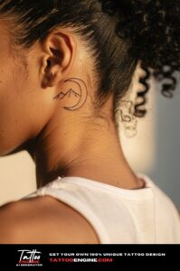 Fine-line crescent moon with mountain silhouette behind ear on golden-brown skin, warm light.