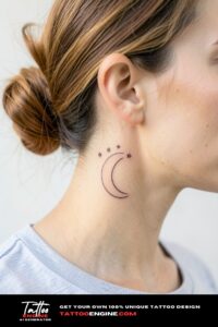 Fine-line crescent moon with three stars tattoo behind the ear on beige skin, bright daylight.