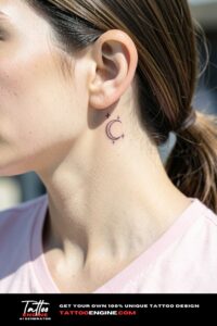 Fine-line crescent moon with sparkles tattoo behind the ear on cool light skin, midday light.