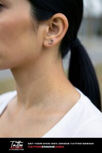 Fine-line crescent moon with star accents behind ear on tan skin, overcast morning.