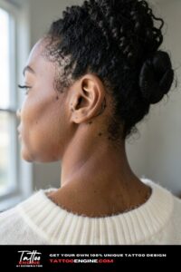 Fine crescent moon and tiny stars tattoo behind ear on deep brown skin, soft light.
