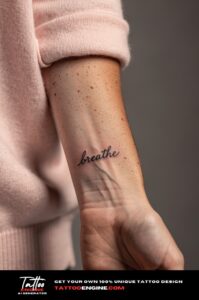Fine cursive 'breathe' tattoo on fair wrist with pink sweater, in soft light.