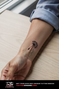 Fine black dandelion seed tattoo on inner wrist, photorealistic and fully healed.