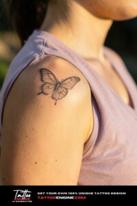 Delicate fine line butterfly tattoo on tan shoulder, mauve v-neck tee, late-afternoon sun.