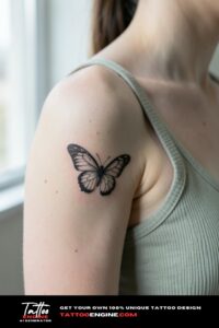 Small fine line butterfly tattoo on fair-skinned shoulder, sage green tank top strap off.