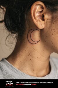 Fine-line crescent moon tattoo on olive skin, just behind the ear, in soft light.