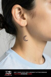 Fine-line crescent moon tattoo on bare skin behind a woman's ear.