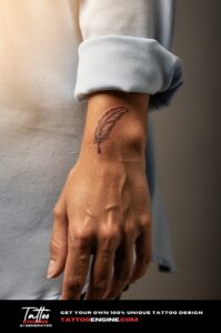 Fine line feather tattoo on inner wrist of woman with brown skin, soft studio light.