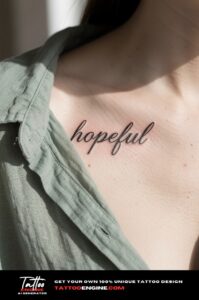 A woman&rsquo;s collarbone with a healed script tattoo "hopeful" in cursive, linen shirt collar open.