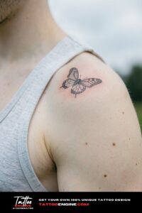 Dotwork fine line butterfly tattoo on pale shoulder, light grey tank top edge visible.