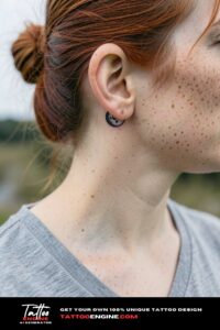 Small dotwork full moon tattoo behind the ear on freckled fair skin, overcast daylight.