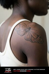 Fine line butterfly with elaborate wings on ebony shoulder, cream tank, diffused daylight.