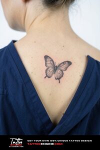 Fine line butterfly tattoo on beige skin shoulder blade, navy blouse collar open.