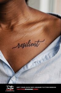 Healed script tattoo reading "resilient" on a woman&rsquo;s collarbone, shirt unbuttoned to reveal ink.