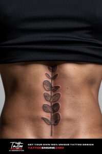 Fine-lined eucalyptus leaf tattoo running vertically along a man's lower spine.