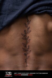 Fine eucalyptus leaf tattoo in black ink tracing the lower spine on brown skin.