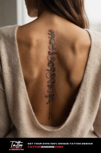 Vertical eucalyptus vine tattoo along spine, oatmeal sweater, healed ink and skin texture.