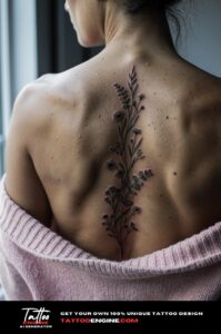 Delicate eucalyptus and wildflower tattoo on woman's spine, open-back sweater, soft daylight, close-up.