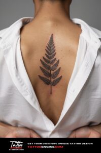 Three fine-lined fern leaves tattooed along the upper spine on olive skin.