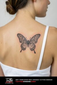 Filigree fine line butterfly tattoo on olive shoulder blade, white spaghetti-strap top.