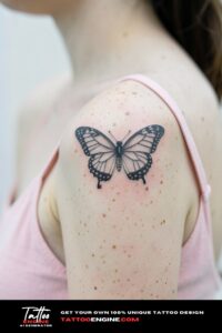 Fine line butterfly tattoo on freckled pale shoulder, pink camisole strap slipped aside.