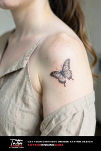 Fine line butterfly tattoo on fair, freckled shoulder, oatmeal linen blouse, soft daylight.