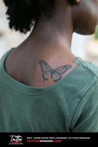 Fine line geometric butterfly tattoo on ebony shoulder blade, forest green t-shirt aside.