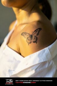 Intricate fine line butterfly tattoo on golden skin shoulder, white shirt off shoulder.