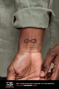 Infinity symbol fine-line tattoo on a woman's inner wrist, close view.