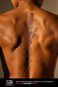 Medium close-up of fine-lined lavender spine tattoo on a man's mid-back.