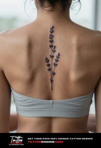 Fine-line lavender sprig tattoo vertically aligned along a woman's spine in natural light.