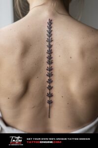 Fine line lavender sprig tattoo along spine, grey athletic shirt, healed detail.
