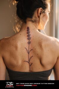 Fine-lined lavender tattoo along a young woman's spine, warm sunlight and natural skin texture.
