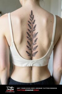 Intertwined lavender and fern tattoo down woman's spine, cream bralette, daylight, close-up.