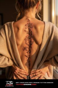 Fine-lined lily and vine tattoo gracefully following the upper spine on fair skin.