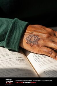 Photorealistic close-up of a healed lotus flower tattoo in fine black lines on inner wrist.
