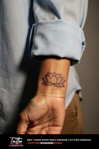 Close-up of a healed fine-line lotus tattoo on a woman's inner wrist.