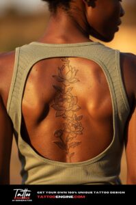 Lotus and peony fine-line tattoo along woman's spine, warm sunlight, tank top, close-up from behind.