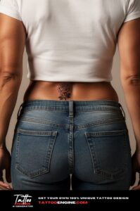 Fine-lined rose tattoo on a woman's lower spine, healed with visible skin texture.