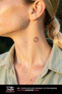 Minimalist black outline full moon tattoo behind woman's ear on light skin.