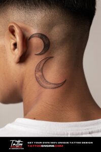 Minimal crescent moon tattoo with stippling behind ear on brown skin, studio lighting.