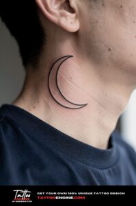 Minimal single-line waning moon tattoo behind the ear on fair skin, navy t-shirt collar.
