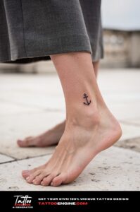 Tiny black anchor tattoo on woman's outer left ankle, minimalist and crisp.