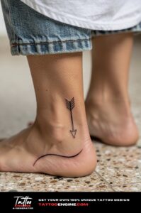 Minimalist black arrow tattoo on woman's left Achilles, follows ankle curve.