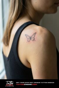 Minimalist fine line butterfly tattoo on olive skin shoulder, black tank top strap aside.