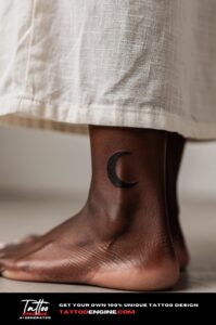 Minimal black crescent moon tattoo on a woman&rsquo;s Achilles, fully healed and well-defined.