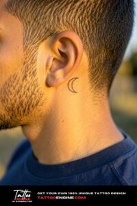 Minimal crescent moon tattoo behind a man’s ear on tan skin, golden sunlight.
