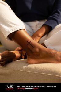 Fine-line cross tattoo on woman's inner left ankle, minimalist and subtle.