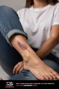 Minimalist fern tattoo on a woman's bare outer ankle, black ink, natural skin texture.